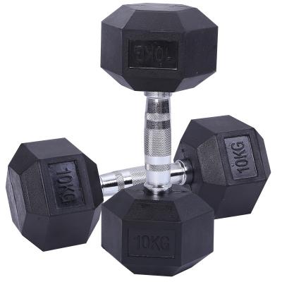 China Best Price Unified Weight Standard Book Chrome Handle Black Rubber Hex Dumbbell for sale