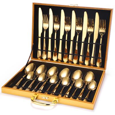 China New Arrival Viable Gold Stainless Steel Cutlery Sets High Mirror Polish Hotel Cutlery Flatware Set Cutlery Sets 24pcs With Wooden Box for sale