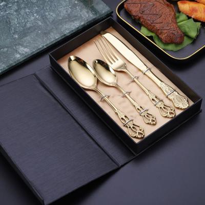 China Vintage Royal Golden 304 Stainless Steel Steak Knife Viable European Wedding Fork Luxury Cutlery Set With Box for sale