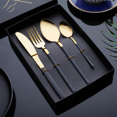 China Hot Sale Wedding Stainless Steel Gold Steak Spoon Fork Knife European Viable Matte Cutlery Black Flat Dinnerware for sale