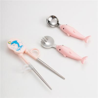 China High Quality Viable Toddler Baby Chopstick Cartoon Kids Cutlery Stainless Steel Practicing Sets For Kids for sale