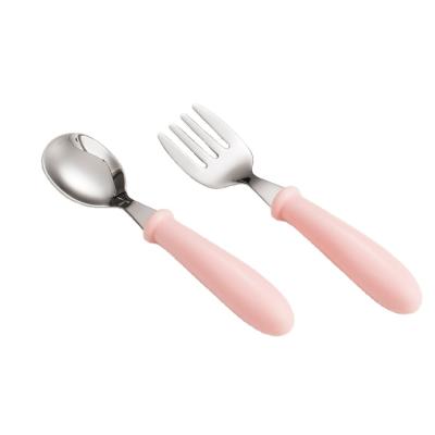 China Sustainable Hot Sale 2 Pcs Food Grade Stainless Steel Spoon Fork Baby Kids Nordic Cutlery Set With Plastic Handle for sale