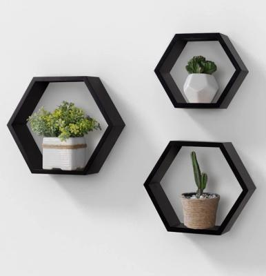 China Wholesale Custom High Quality Black Kitchen Hexagon Wall Shelves Wall Mounted Wooden Shelf Wall Shelf for sale