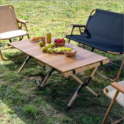 China Folding Egg Roll Table Camping Picnic Solid Wood Easy Carry Outdoor Roll Up Table Portable Beech Wooden Table Camping for sale