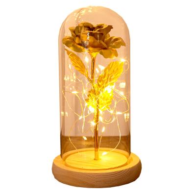 China Gift Galaxy Rose 24k Rose Gold Flower In Glass Dome Artificial Rose With Glass LED Light for sale