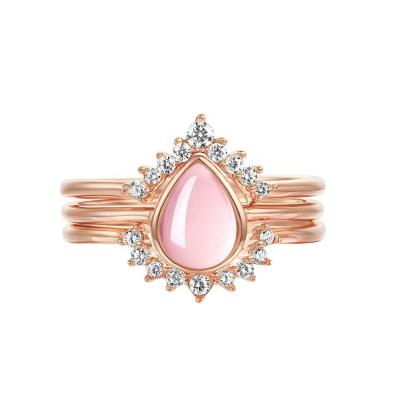 China Rose Quartz Ring Pear Shape 14K Rose Gold Natural Lady Rose Three Piece Ring Optional Gold Silver Rose Gold Set Vintage for sale