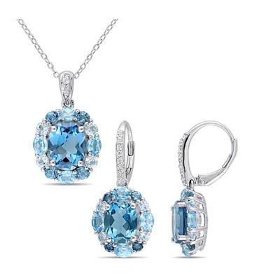 China CLASSIC Two Piece Set 925 Sterling Silver Round Aquamarine Necklace and Zircon Earrings for Women Valentine's Day for sale