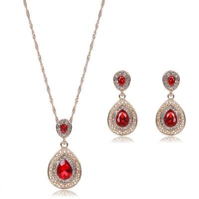 China CLASSIC Two Piece Set Of Garnet Zircon Necklace And Teardrop Earrings For Women Wedding Gift 925 Sterling Silver Plated Yellow for sale