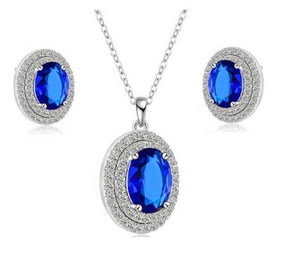 China Blue Green Necklace and Earrings 925 Sterling Silver Lady Wedding Gift High Fashion CLASSIC Two Piece Round Jewel for sale