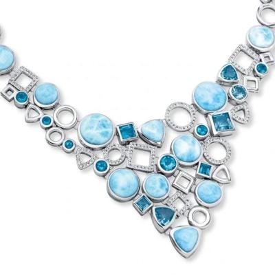 China CLASSIC Custom 925 Sterling Silver Women Necklace Fashion Jewelry Natural Larimar and Blue CZ Necklace Round Shape for sale