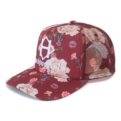 China COMMON Newcomer 5 Panel Adult 2022 Customized Polyester And Mesh Digital Printing Flower Curved Brim Trucker Hat Custom Logo for sale