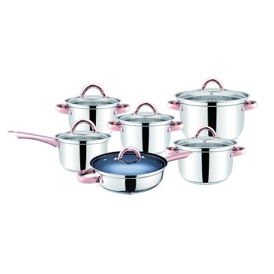 China Sustainable 12pcs/set stainless steel cookware cooking sets with glass lid and handle for sale