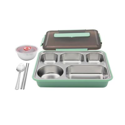 China New Portable Household Stocked 5 Grid Stainless Steel Divided Lunch Box With Cutlery Box for sale