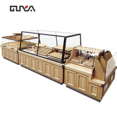 China Eco - Friendly Wooden Bread Showcase Kayu Bakery Shelf Rack Cake Shop Furniture for sale