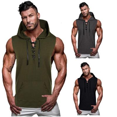 China New Arrival 2022 Viable Casual Solid Color Hooded Lace Up T Shirt Hip Hop Trend Sports Mens Gym Workout Sleeveless Tank Top for sale