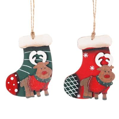 China Retro WOODEN Christmas Style Elks Wooden Painted Christmas Stocking Christmas Tree Pendant for sale