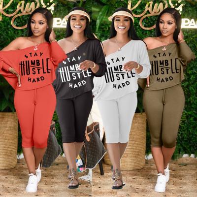 China Anti-pilling Street Use 2 Piece Set Women's Loose Neck Long Sleeve Slash Letter Print Fashion Summer Shorts Top Outfits for sale