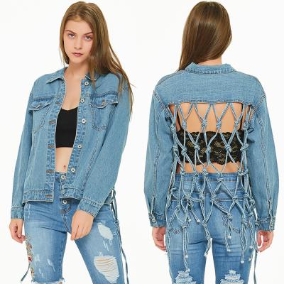 China 2021 Fall Breathable Ladies Coat Oversized Hollow Out Tassels Lattice Denim Plus Size Women's Jackets for sale