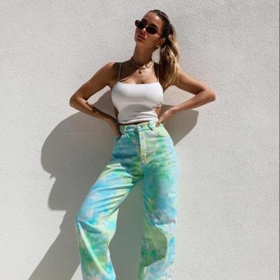 China Casual Fashion Breathable All Match Tie Straight Dye Printing High Waisted Lattice Trendy Pants For Women 2021 for sale