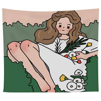 China Healing Cute Minimalist Warm Tapestry Cartoon Girl Polyester Hanging Painting Hanging Cloth for sale