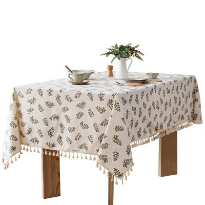 China Green Leaf Fringed Cover Waterproof Rectangular Cotton Tablecloth Tea Table Cloth Small for sale