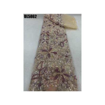 China New good quality  heavy Handmade Beaded lace sequin Bridal Wedding Dress Evening Tulle Mesh Luxurious Pearl Beaded Lace Fabric for sale