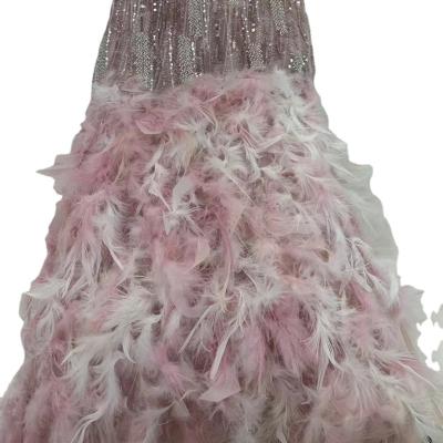 China Luxury pink 3D feathers with beads embroidery lace fabric african french tulle lace flowers bridal wedding dress  tulle net lace for sale