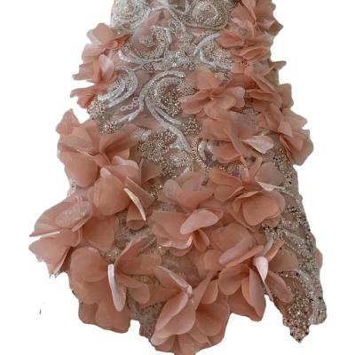 China Highest Quality peach  3D flower  Bridal embroidery lace fabric african french tulle lace flowers bridal wedding dress  tulle ne for sale