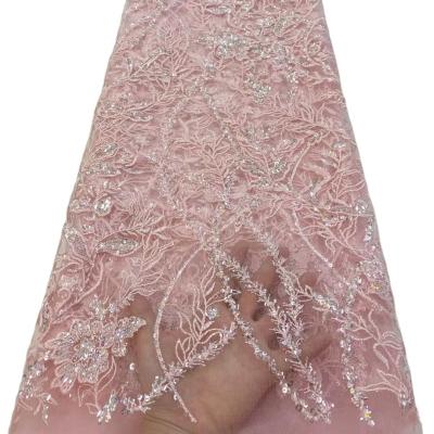 China Fashion pink fabric China fabric wholesale french  sequins lace bridal wedding dress tulle lace Ghana dress women clothing for sale