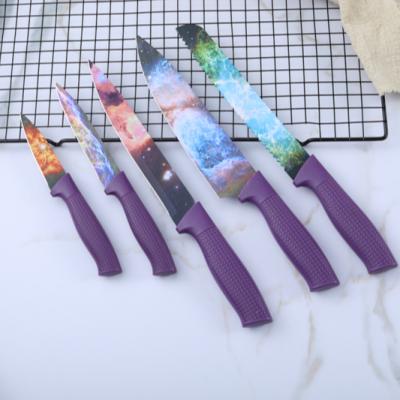 China New Arrival Sustainable Kitchen Utensil Handle Purple Star Flower 5 Piece Kitchen Knife Set for sale