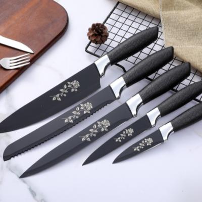 China Excellent Review Viable Hot Sale Black Handle Printing Wholesale 5 Piece Knives Stainless Steel Kitchen Knife Set for sale