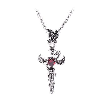 China Punk Hiphop Metal Angel Wing Sword Pendant Necklace Gemstone Cross Pendants Necklace for Men for sale