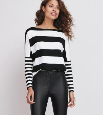 China Breathable Womens 100% Cotton Black White Stripe Long Sleeve T Shirt for sale