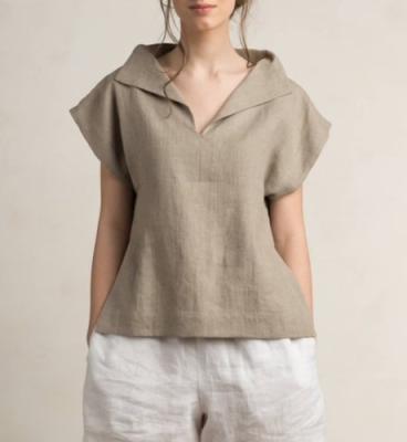 China Women's Gray Linen Clothing Breathable Canvas Top Linen Shirt Short Sleeve Women's Clothing for sale