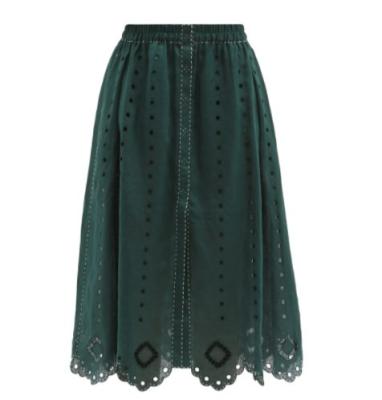 China Breathable Canvas Midi Skirt With Embroidery Handmade Scollapped Edge Eyelet Skirt for sale