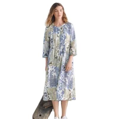 China Breathable Women's A-Line Silhouette Printed Open Front Shirt Dress Pleated Canvas Dress for sale