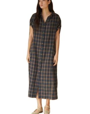 China Womens Cotton Canvas Checked Dress Breathable Twist Button Up Shirt Casual Dress for sale