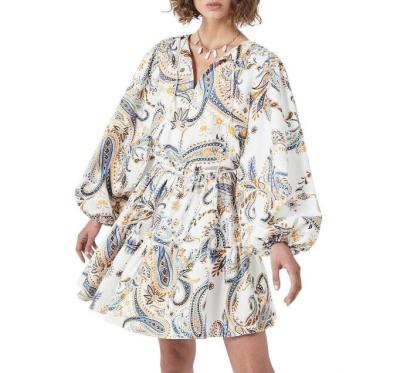 China Women's Breathable Paisley Printed Linen Dress Elastic Waist Bomber Jacket Sheer Linen Printing Dress for sale