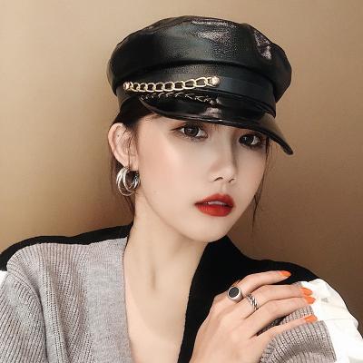 China Japan and Korean style retro chain PU leather beret women's autumn and winter Korean version of the trend street shipping and handling for sale