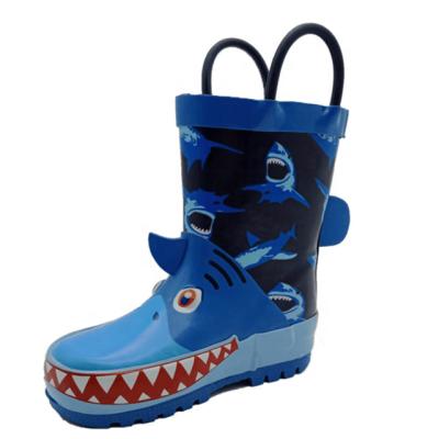 China Hot Selling New 3D Cartoon Shark Design 3D Cartoon Animal Children Kids Rubber Rain Boots With Grips for sale