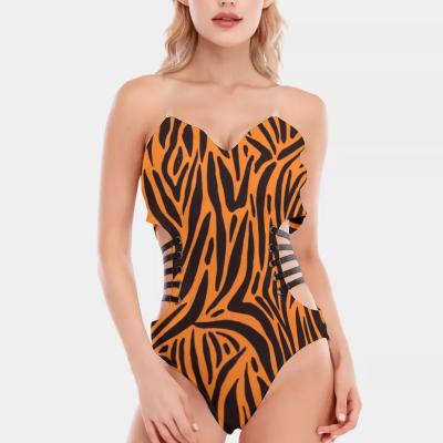 China QUICK DRY Custom All Over Print Womens Jumpsuits Sexy Female Tube Top Jumpsuit With Side Black Straps for sale