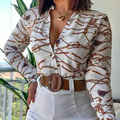 China Office Ladies Print Anti-Wrinkle Shirt Women Elegant Chain Blouses Casual Shirts Sheath Long Blouse Turn-Down Collar Button Tops for sale