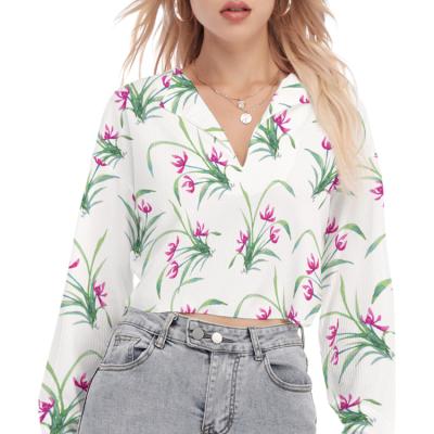 China Anti-Wrinkle All Over Print Women's V-Neck Lapel Long Cropped T-Shirt for sale