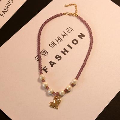 China Fashion Purple Heart Necklace Romantic Pendant Candy And Beaded Necklace Special For Women High Quality Beaded Necklace for sale