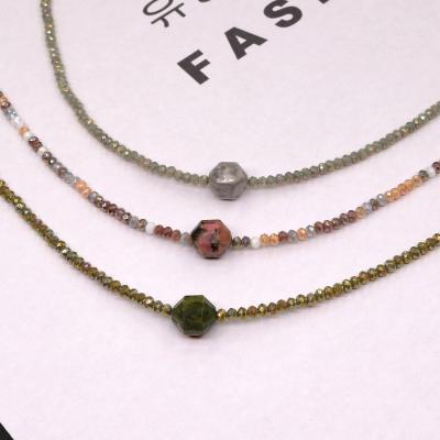 China 3mm TRENDY Crystal Beads Strand and Simple Stripe Natural Rhodochrosite Black Unakite String Necklace Gemstone Choker Necklace for sale