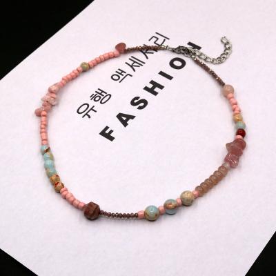 China Europe and America Bohemia Pink Seed Bead Crystal Stone Necklaces Natural For Women Stainless Steel Clasp Scarf For Girls Gift for sale