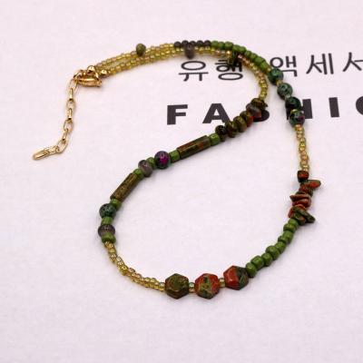 China BOHEMIA Women's Natural Unakite Stone Necklace For Women Japan Seed Beads Bohemia Olive Color Geometric Choker Gifts Wholesale for sale