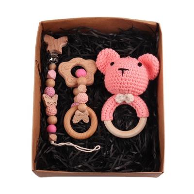 China Soft Toy Baby Teething Ring Chew Toy 3pcs Set Baby Teethers Rattle Butterfly Pacifier Chain Knitting Newborn Baby Soothing Gift Set for sale