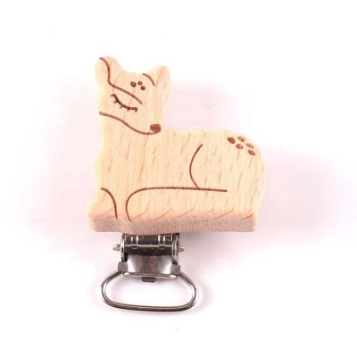 China High Quality BPA Free Kids Toy Wide Clip Wood Marking Sika Teeth Grinding Deer Teether Beech Animal Pacifier Clip for sale