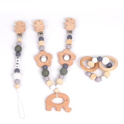 China Soft Toy Factory Custom Elephant Shape Pacifier Clip Beads Baby Stroller Chain Pendant Set 3pcs Wooden Hanging Toys Bracelets Teether Set Toy for sale